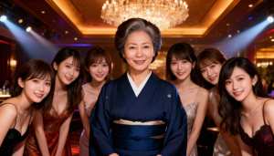 画像の中央に青い着物を着た年配のアジア人女性が写実的に描かれており、その周りをエレガ...。