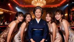 伝統的な日本の着物を着た年配のアジア人女性が画像の中央に立つ写実的なポートレート。