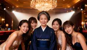 青い着物を着た年配のアジア人女性が画像の中央に立っており、エレガントなイブニングドレ...。