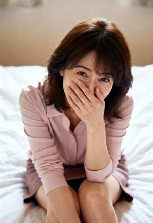 ベッドに座り、手で口を覆い、無表情でカメラを見つめる若い女性をローアングルから写実的...。