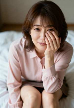 ベッドに座り、瞑想的な表情でカメラを直接見つめる中年のアジア人女性のポートレート。