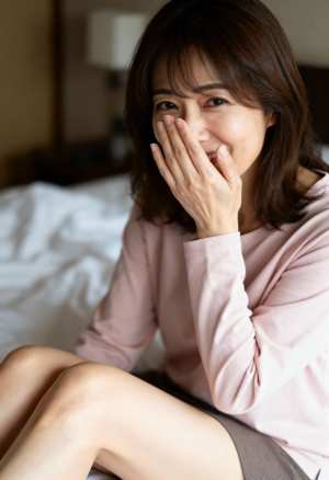 ベッドに座り、手で口を覆い、お茶目な表情でカメラをまっすぐに見つめる若い女性をクロー...。