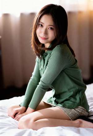 緑のカーディガンとチェック柄のスカートを着て、リラックスしたポーズでベッドに座ってい...。