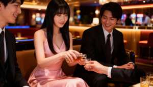 薄暗いバーの雰囲気の中でドリンクを楽しむ、フォーマルな服装をしたアジア系の若い男性 ...。