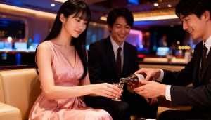 ピンクのドレスを着た若い女性が豪華なバーのテーブルに座り、ボトルからグラスに飲み物を...。