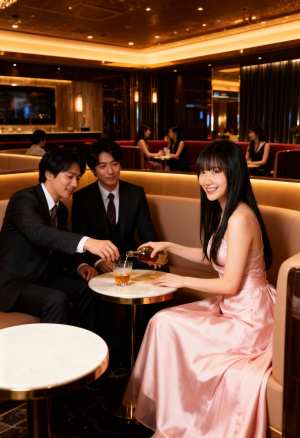 高級レストランのテーブルに座る3人が一緒にお酒を楽しむロマンチックなシーンを横から写...。