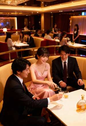 高級レストランで3人でお酒を楽しむロマンチックなシーンを正面からフォトリアルに撮影。