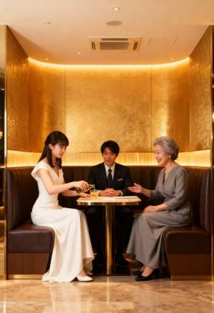 高級レストランのテーブルに座って会話をする 3 人の人物を正面カメラのアングルから写...。