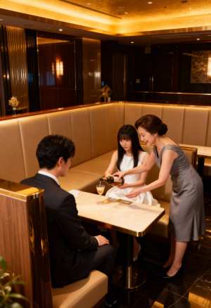 豪華なレストランの雰囲気の中で、アジア人女性 2 人と男性 1 人のロマンチックな瞬...。