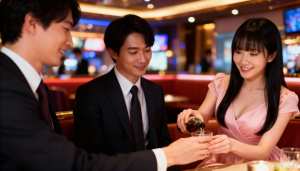 豪華なカジノのテーブルで、正装した 2 人の男性を伴って飲み物を注ぐ若い女性を正面か...。