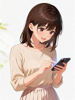濃い茶色の短い髪をしたかわいい若い日本人女性が画像の中央に立って、右手にスマートフォ...。