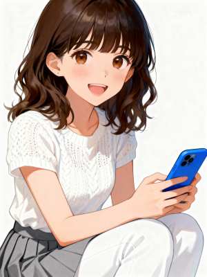 青いスマートフォンを持って座って微笑んでいる若い女性を正面から撮影したデジタル イラスト。