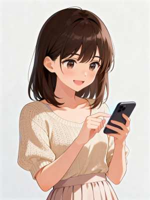 濃い茶色の短い髪をした若い女性が画像の中央に立ち、右手に黒いスマートフォンを持ち、人...。