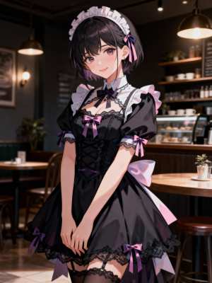 紫色のアクセントが付いた白黒のメイド服を着た若い女性が、カフェにいるアニメ風のイラス...。