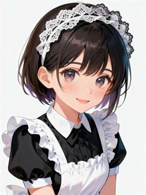 白いエプロンと白いレースのカチューシャを付けた白黒のメイド服を着た、短い黒髪と紫のハ...。