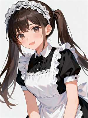 長い茶色の髪を高い位置で 2 つのポニーテールに結び、白いエプロンと白いレースのカチ...。