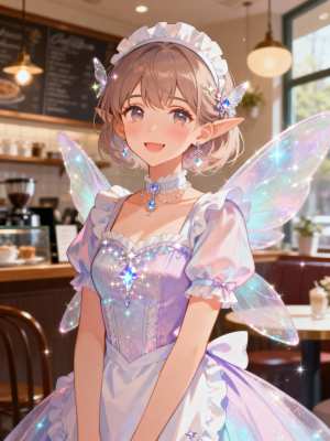 カフェの設定でかわいい妖精の女の子を描いた、フロントカメラアングルからの美しいアニメ...。