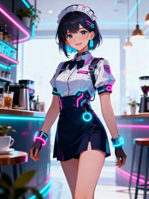 ネオンライトが光るメイド服を着た、未来的なカフェの設定の若い女性を描いた、アニメ ス...。