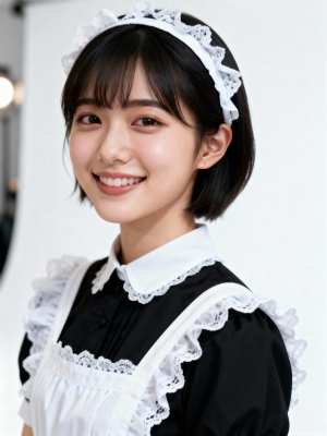 ポートレート カメラの角度から撮影された、メイド服を着た若い女性の写実的なポートレート。