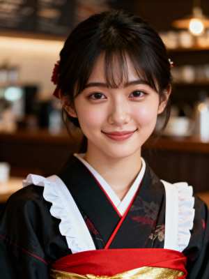 赤と金の帯を締めた伝統的な着物を着て、カフェの店内に佇む、温かい笑顔を浮かべた若い日...。