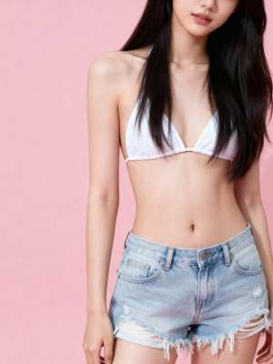 白いビキニトップとデニムのショートパンツを着た若い女性が、ピンク一色の背景に自信を持...。