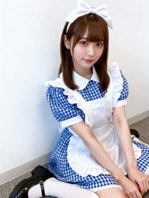 真っ白な壁を背景に床に座る、メイド姿の若い日本人女性を正面カメラのアングルから写実的...。