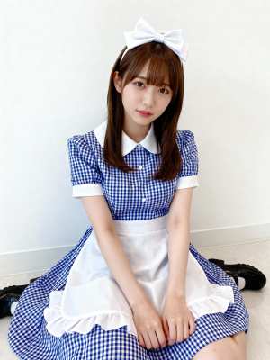 青と白のギンガムチェックのドレスを着て、白いエプロンと大きな白いリボンをつけて、真っ...。