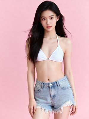 無地のピンクの背景に白いビキニトップとデニムのショートパンツを着て自信を持って立って...。