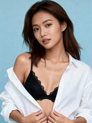 白いボタンアップシャツと黒いレースのブラジャーを着て、明るい青一色の背景に自信を持っ...。