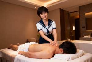 豪華なスパの設定で、マッサージ テーブルに横たわっている男性にマッサージを施す女性を...。