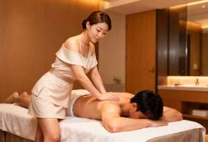 スパのマッサージ テーブルに横たわっている男性にマッサージをする女性を横から撮影した...。