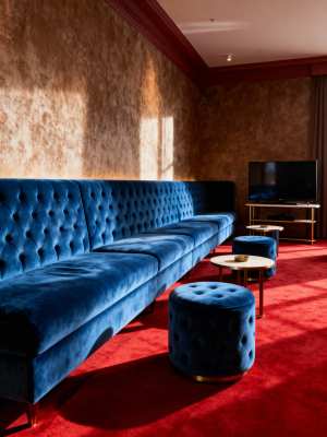 豪華なブルーベルベットの房状のセクショナルソファを中央に置き、その両側に2つの丸いオ...。
