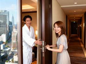 街のスカイラインを望むホテルの部屋でホテルのドアを開ける男性と女性を正面から写実的に...。