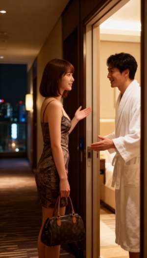 夜のホテルの一室でやりとりするカップルを横から写実的に撮影。