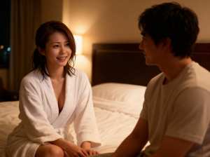 ホテルの一室での女性と男性のロマンチックなシーンを正面カメラのアングルから写実的に撮...。