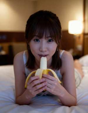 ベッドに横たわり、皮をむいたバナナを口の前に持ち、遊び心のある表情でカメラをまっすぐ...。