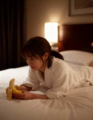 薄暗いホテルの部屋のベッドの上で、白いバスローブを着た若い女性がバナナで遊んでいる様...。