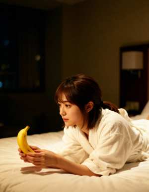 窓を背景にした薄暗い部屋で、白いバスローブを着た若い女性がバナナを持ってベッドに横た...。