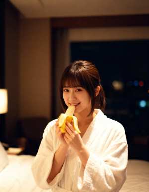 ホテルの部屋で白いバスローブを着た若い女性がバナナを食べる様子を、正面カメラのアング...。