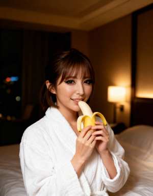 ホテルの部屋でバナナを持った白いバスローブを着た若い女性を正面から写実的に撮影したもの。