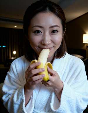 白いバスローブを着た若い女性がバナナを顔の前に持って幸せそうに微笑んでいる様子を、ク...。