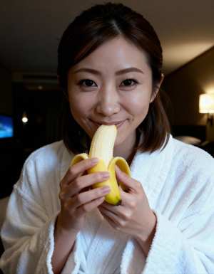 白いバスローブを着た若い女性がバナナを顔の前に持って幸せそうに微笑んでいる様子を、ク...。