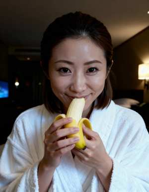 白いバスローブを着た若い女性が口の前にバナナを持ち、カメラに向かって微笑んでいる様子...。