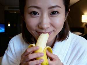 皮をむいたバナナを顔の前に持つ、中性的な表情の若いアジア人女性の接写。