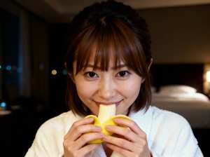 ホテルの部屋でバナナを楽しむ若い女性をクローズアップ カメラ アングルから写実的に撮...。