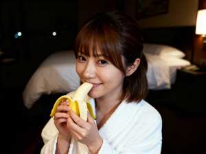 ホテルの部屋でバナナを食べる若い女性を正面カメラのアングルから撮影した写実的な撮影。