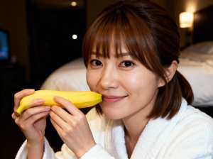 白いバスローブを着た若い女性が熟したバナナを顔の前に持って幸せそうに微笑んでいる様子...。