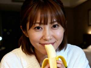 白いローブを着て、皮をむいたバナナを顔の前に持つ、短い茶色の髪の若い日本人女性の接写。