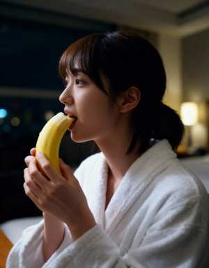 ホテルの部屋でバナナを食べる若い女性を横顔カメラのアングルから写実的に撮影したもの。