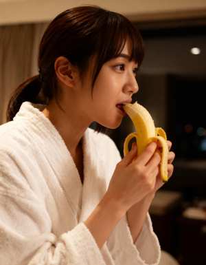 薄暗い部屋でバナナを食べる白いバスローブを着た若い女性。